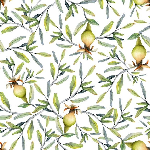 Modèle sans couture de branches de fruits à la grenade à l'aquarelle sur blanc pour les tissus Rosh Hashanah