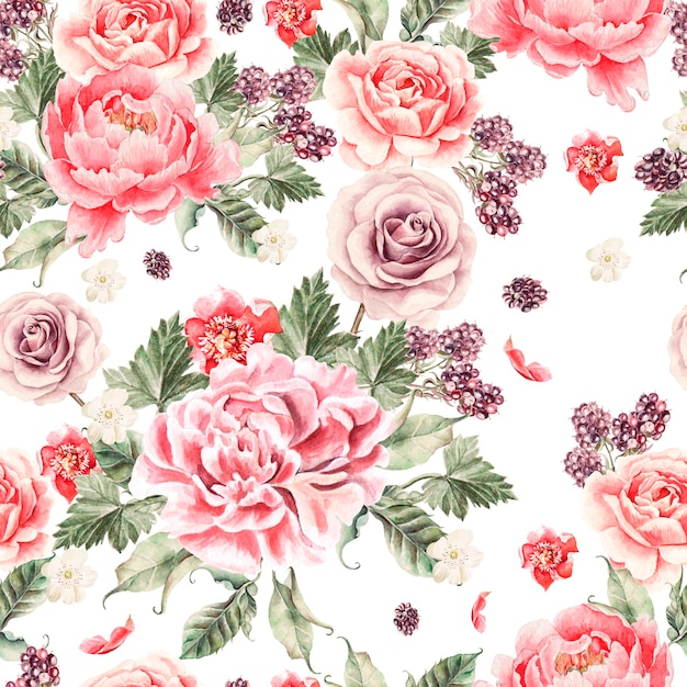 Modèle sans couture brillant avec des fleurs de pivoine, des roses et des mûres. Illustration