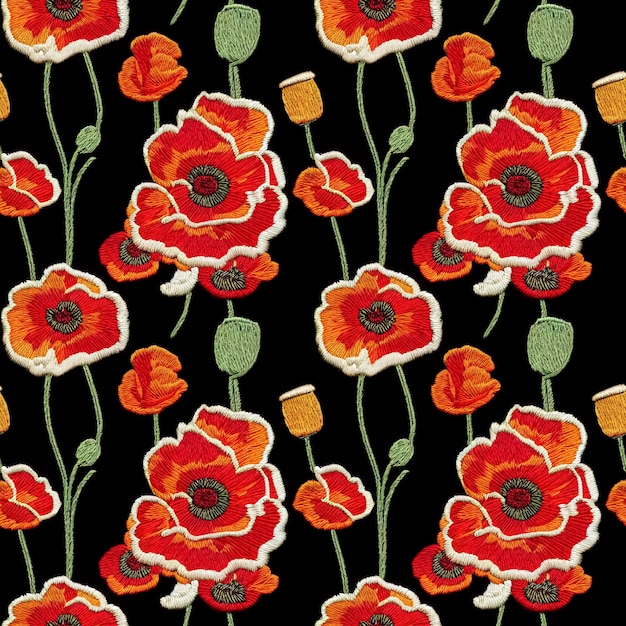 Modèle sans couture de broderie coquelicots Fleur de style vintage répétant l'arrière-plan en tissu AI générative