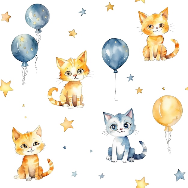 Modèle sans couture avec des chats de dessin animé mignon aquarelle et ballon isolé sur fond blanc