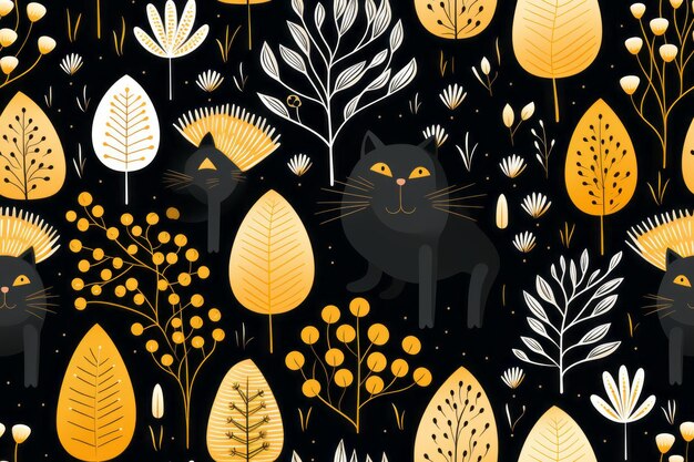 un modèle sans couture avec des chats noirs et des feuilles jaunes