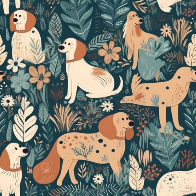 Modèle sans couture avec des chiens dans la jungle.