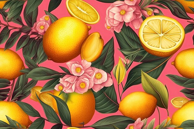 Modèle sans couture de citrons jaunes sur fond rose Illustration IA générative