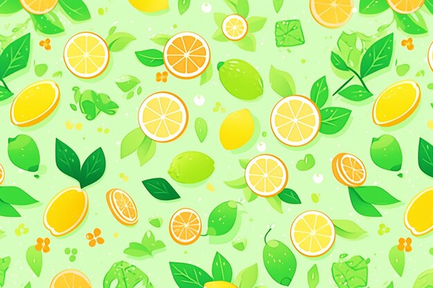 Photo modèle sans couture de citrons et limes sur fond vert ai générative