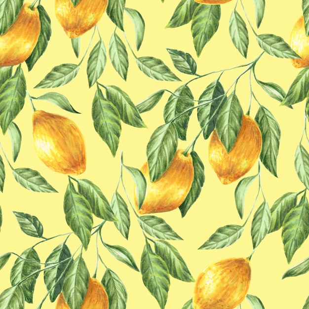 Photo modèle sans couture de citrons marqueurs dessinés à la main et de feuilles isolées sur jaune