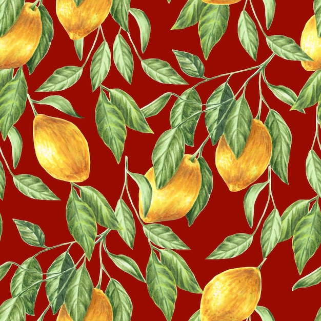 Photo modèle sans couture de citrons marqueurs dessinés à la main et de feuilles isolées sur rouge foncé