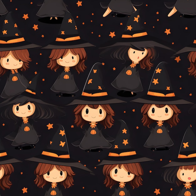 Modèle sans couture Costumes mignons une mini sorcière avec un chapeau pointu Halloween Outils d'IA générative