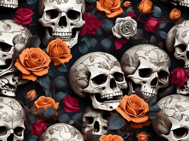 modèle sans couture crânes et roses fond nature mort texture