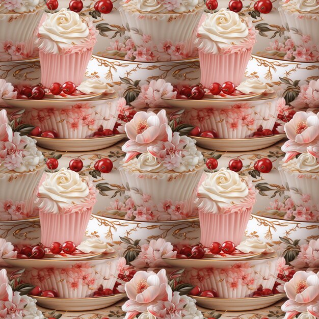 Photo modèle sans couture de cupcakes à la crème blanche et aux fruits rouges