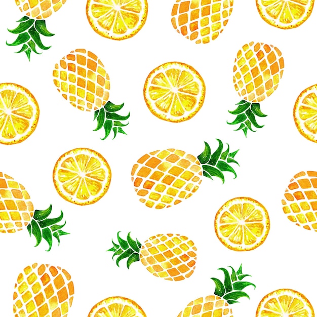 Modèle sans couture dessiné à la main avec des ananas aquarelles et des citrons isolés sur fond blanc