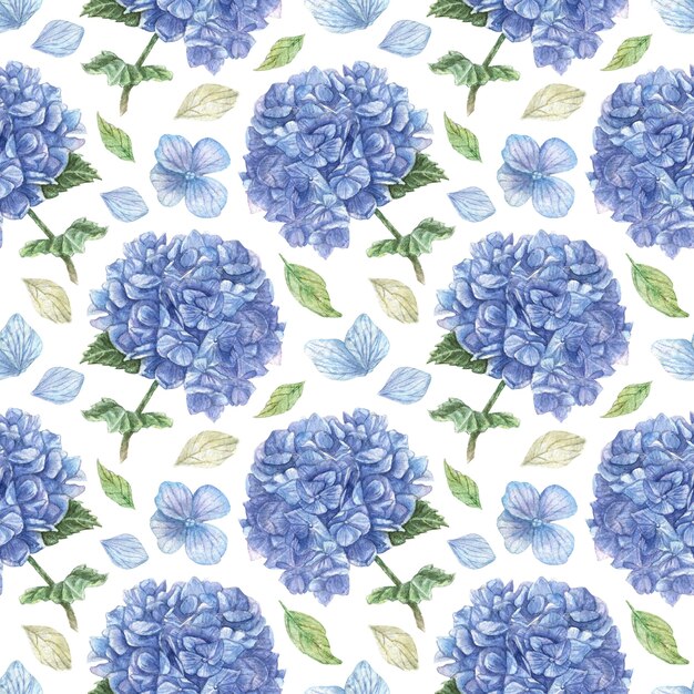 Modèle Sans Couture Dessiné Main Avec Des Nuages D'hortensia Bleus Et Des Pétales Blancs