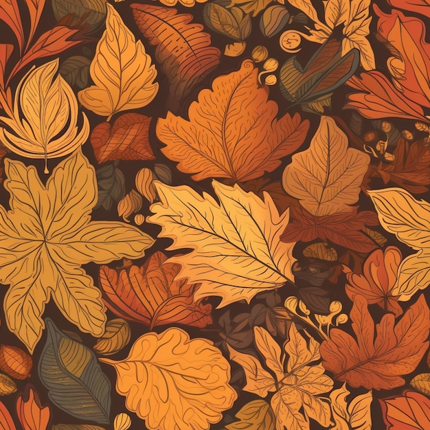 Modèle sans couture avec des feuilles d'automne sur un fond sombre.