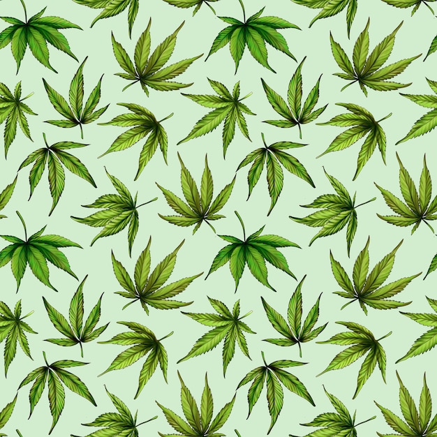 Photo modèle sans couture de feuilles de cannabis vert sur fond vert feuilles de chanvre vert illustration dessinée à la main...