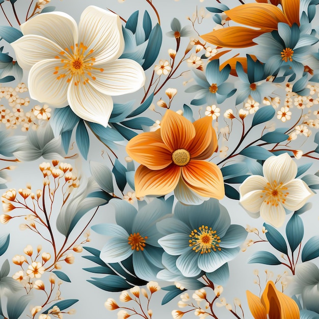 Modèle sans couture de feuilles de tiges florales vintage bleu clair et orange utilisées dans les graphiques ai génératif