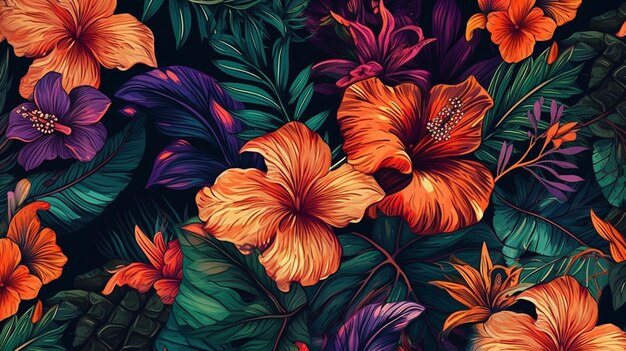 Modèle sans couture avec feuilles tropicales et fleurs d'hibiscus ai générative