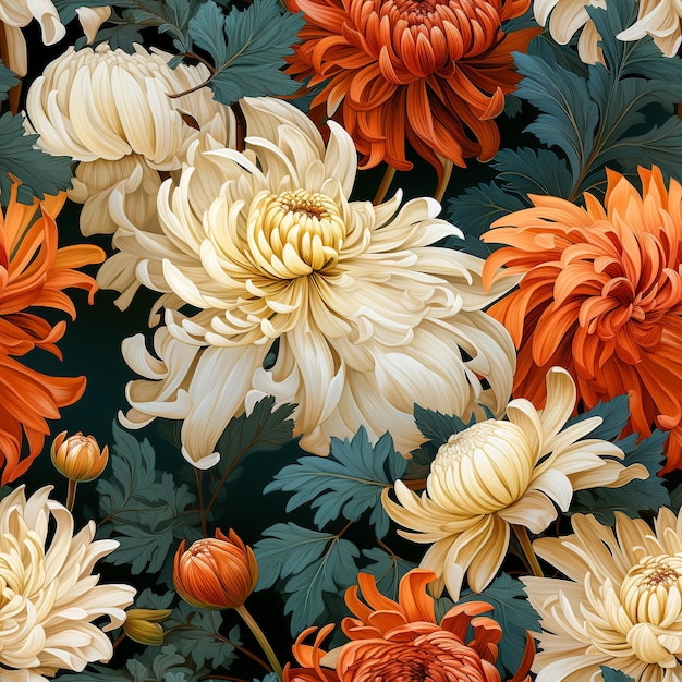 Modèle sans couture Fleur de chrysanthème style vintage généré par l'IA