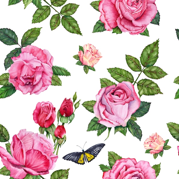 Modèle sans couture de fleur rose aquarelle sur fond blanc