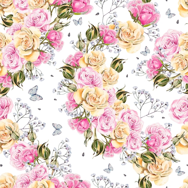 Modèle sans couture de fleurs aquarelles lumineuses avec des roses et des papillons