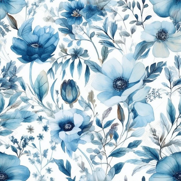 Un modèle sans couture avec des fleurs bleues sur fond blanc.