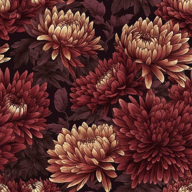 Photo modèle sans couture de fleurs de chrysanthème de bourgogne créé avec l'ia générative