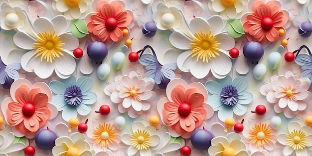 Modèle sans couture de fleurs colorées Arrière-plan pastel abstrait Art papier numérique AI générative