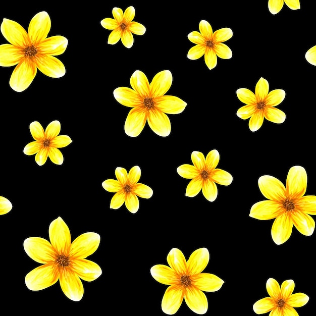 Modèle sans couture avec des fleurs Fleurs jaunes d'été abstraites aquarelles Objets isolés sur fond noir