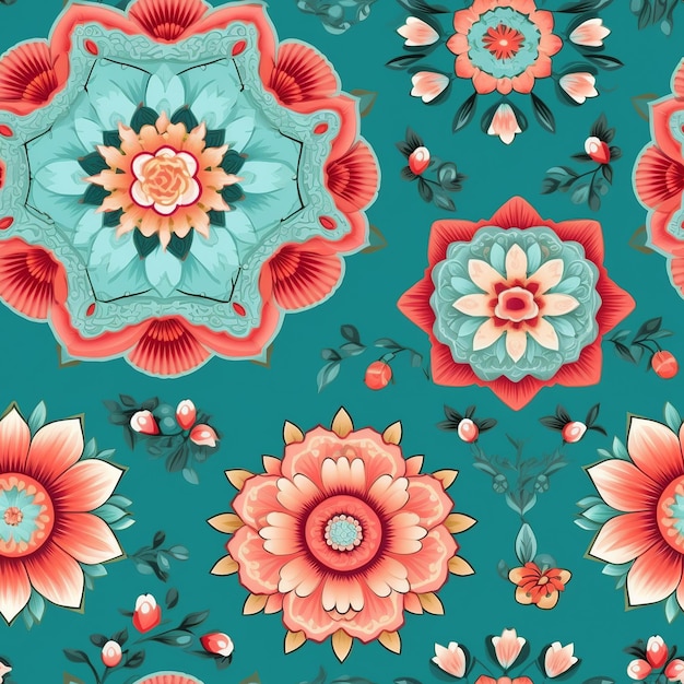 Modèle sans couture avec des fleurs sur fond turquoise.