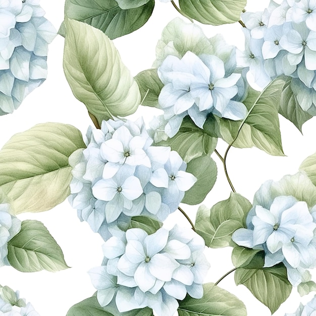 Un modèle sans couture de fleurs d'hortensia bleu et blanc avec des feuilles vertes.