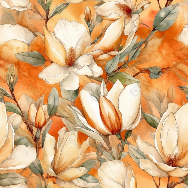 Un modèle sans couture avec des fleurs de magnolias sur fond orange.