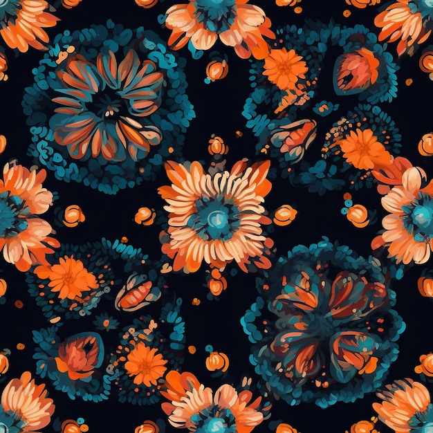 Un modèle sans couture avec des fleurs orange et bleues sur fond noir.