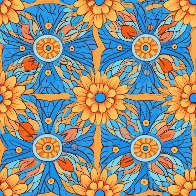 Modèle sans couture avec fleurs orange sur fond bleu.