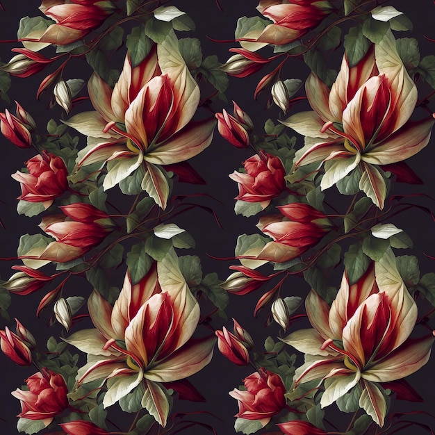 Modèle sans couture avec des fleurs rouges Généré par IA édité dans Photoshop