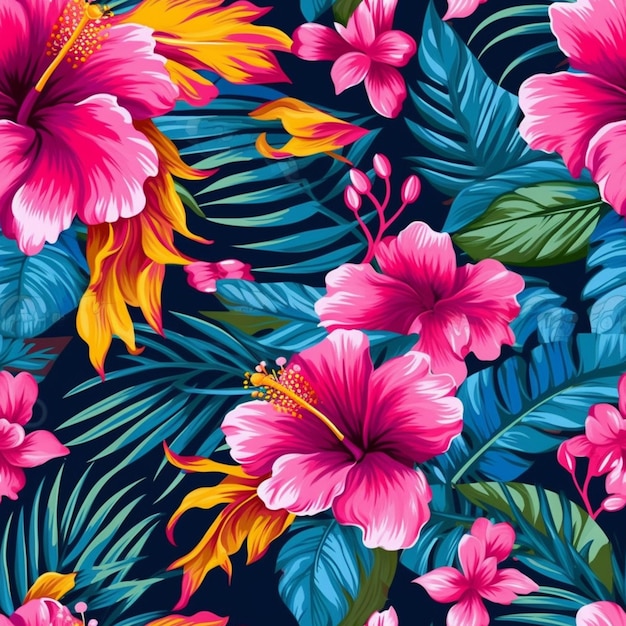 Modèle sans couture avec fleurs tropicales et hibiscus sur fond bleu foncé.