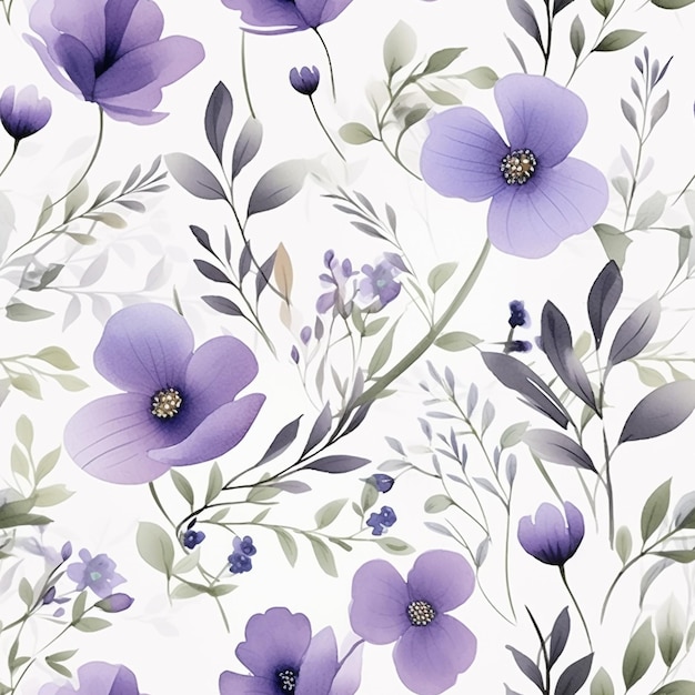 Modèle sans couture fleurs violettes et feuilles tourbillonnantes isolées sur un fond blanc dessins minimalistes couleur de l'eau générée par l'IA