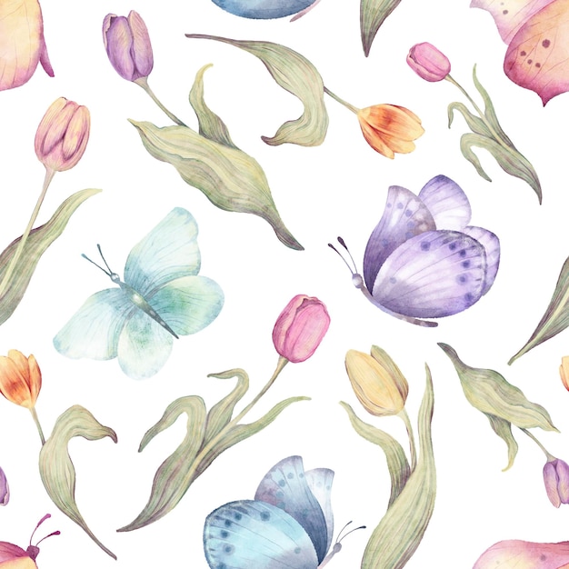 Modèle sans couture floral aquarelle dessinés à la main avec des papillons colorés et des tulipes de fleurs