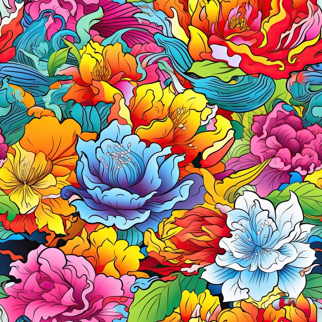 Modèle sans couture floral vibrant avec chrysanthèmes et dahlias