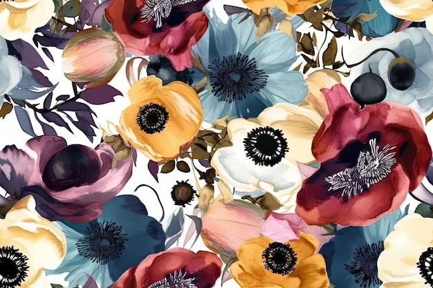 Modèle sans couture florale d'anémones Aquarelle fleurs élégantes fond abstrait AI générative