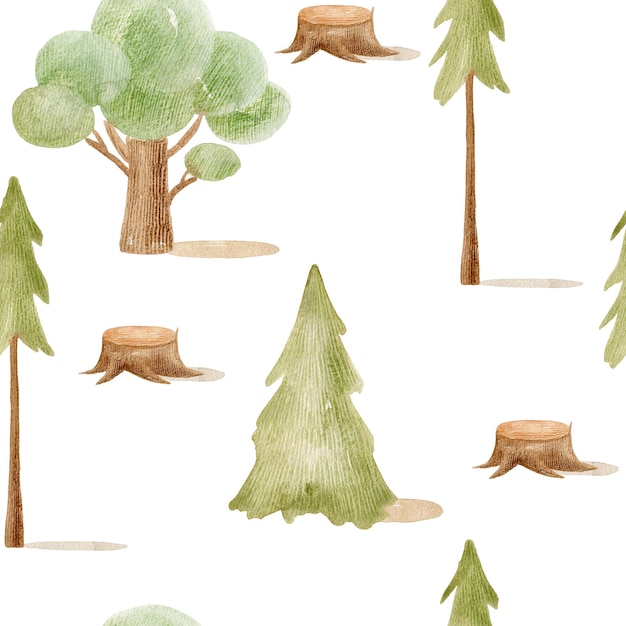 Modèle sans couture de forêt aquarelle avec illustration dessinée à la main d'arbres pour le papier d'emballage en tissu, etc.