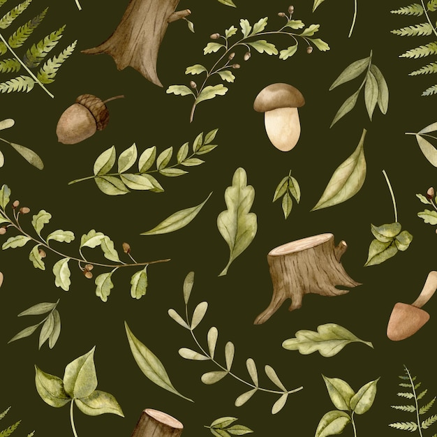 Modèle sans couture de forêt avec des feuilles de forêt et des champignons Ornement aquarelle dessiné à la main sur fond vert foncé avec des branches et des souches pour le papier d'emballage ou le design textile Impression forestière