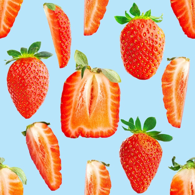 Modèle sans couture de fraises fraises mûres isolées sur fond de conception de colis bleu