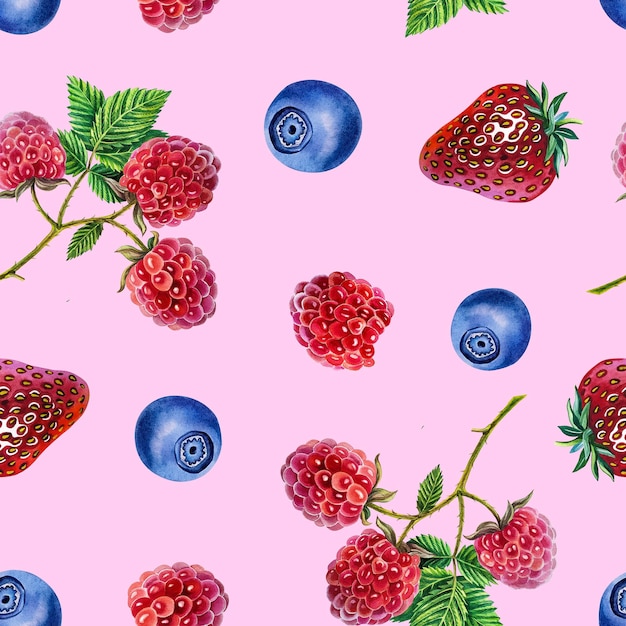 Modèle sans couture avec fraises framboises et myrtilles. Illustration aquarelle.