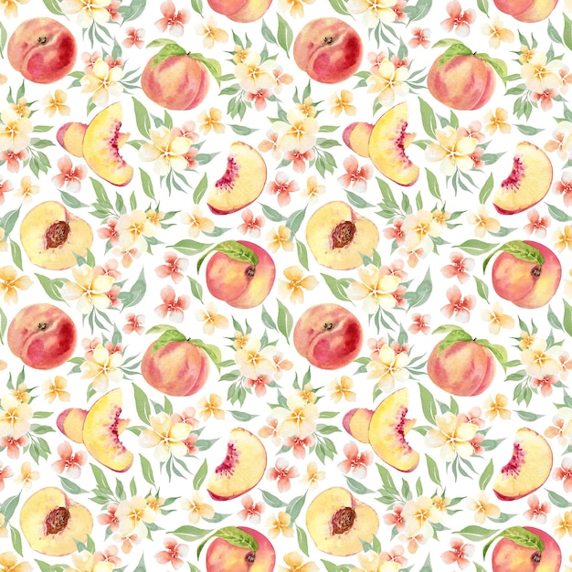 Modèle sans couture de fruits aquarelle avec fleurs et pêches