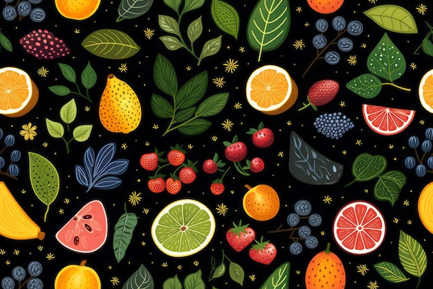 modèle sans couture avec des fruits et des baies sur fond noir