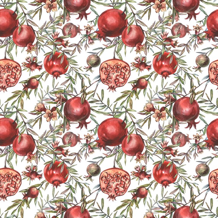 Modèle sans couture avec fruits et graines de grenade sur fond blanc