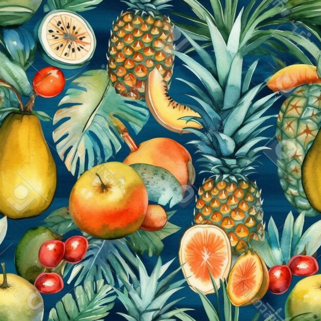 Un modèle sans couture avec des fruits tropicaux sur un fond bleu foncé.