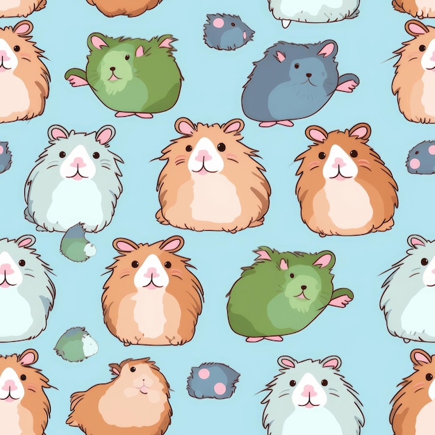 Un modèle sans couture de hamsters sur fond bleu.