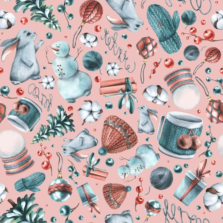 Photo modèle sans couture d'hiver sur fond rose avec des arbres de noël lièvres bonhommes de neige vêtements tricotés illustration à l'aquarelle d'un grand ensemble d'hiver confortable pour les emballages de papier peint tissus textiles