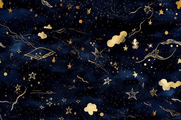 Modèle sans couture d'illustration AI générative du ciel nocturne avec des étoiles et des nuages en feuille d'or Fond aquarelle du ciel nocturne