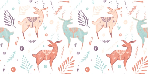 modèle sans couture avec illustration de lamas deer leaves doodles isolé sur fond blanc