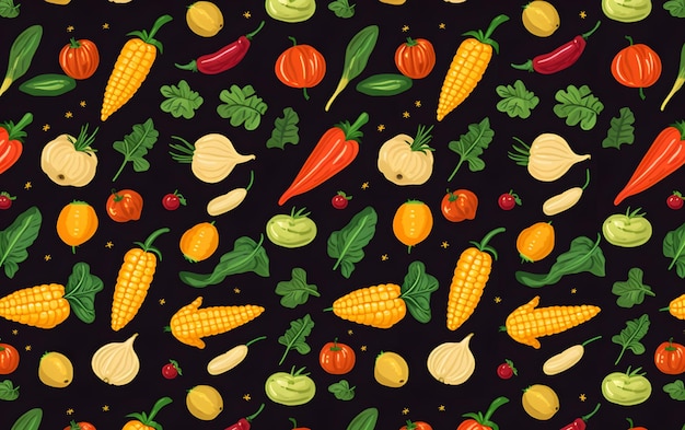 Un modèle sans couture de légumes sur fond noir.